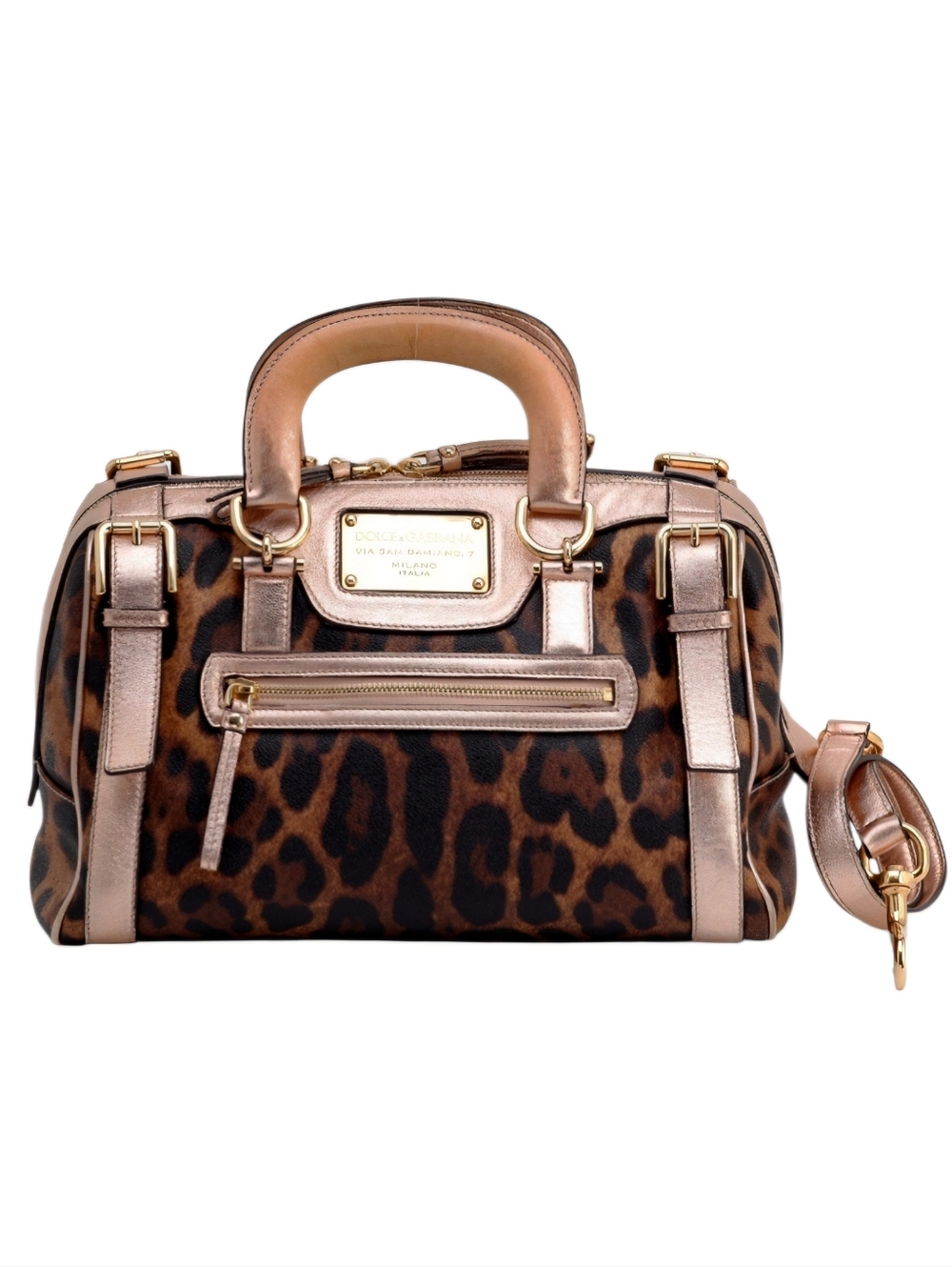 Dolce & Gabbana Boston Bag Leopard Print Satchel with Rose Gold Trim